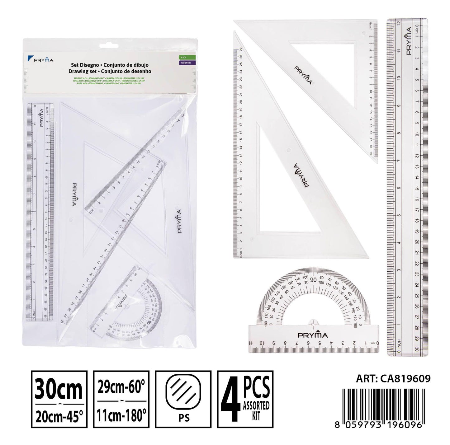 PRYMA righello  30cm+squadra 45° - 60°+goniometro 180°