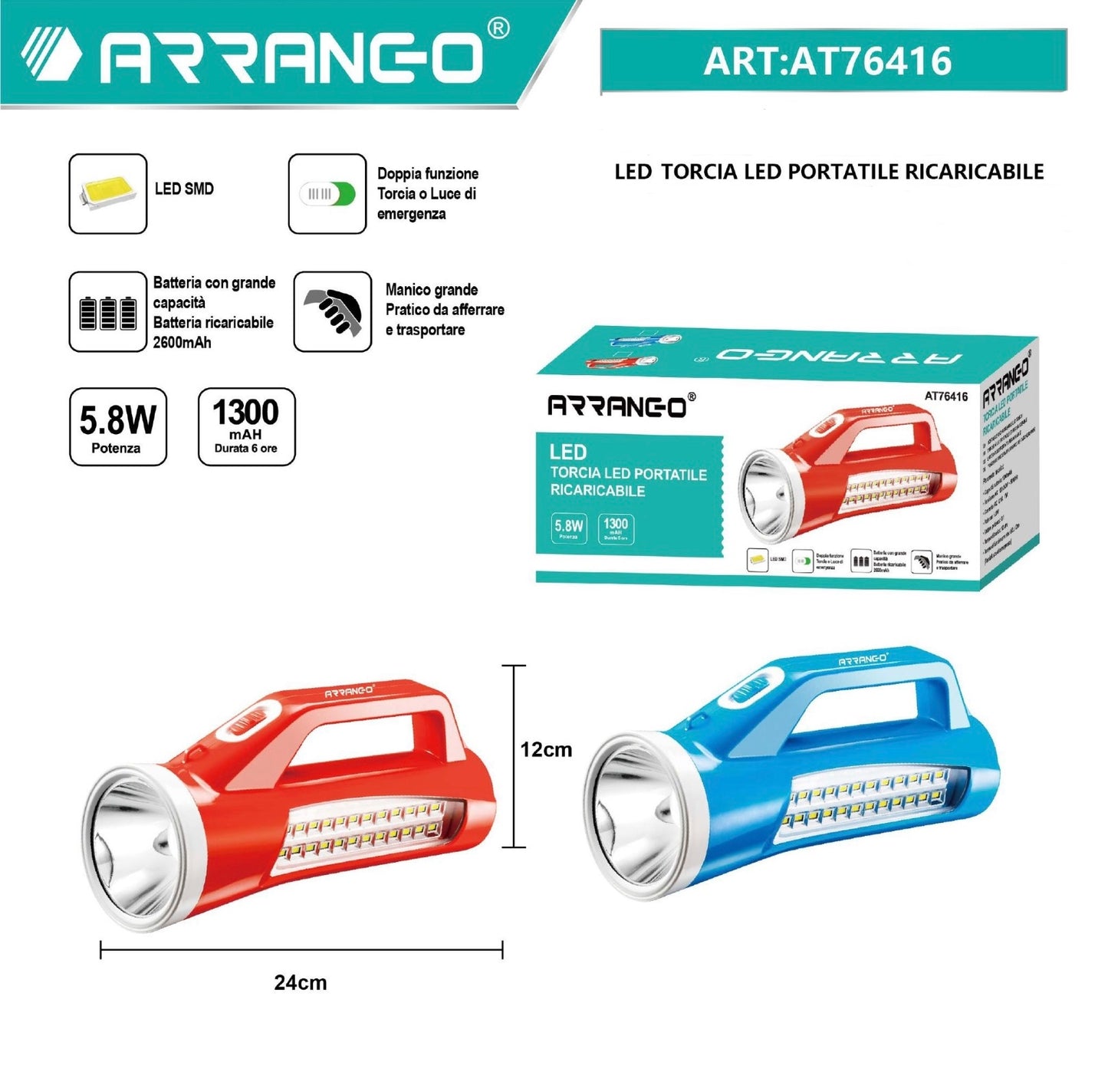 ARRANGO LED torcia led portatile ricaricabile ART:AT76416