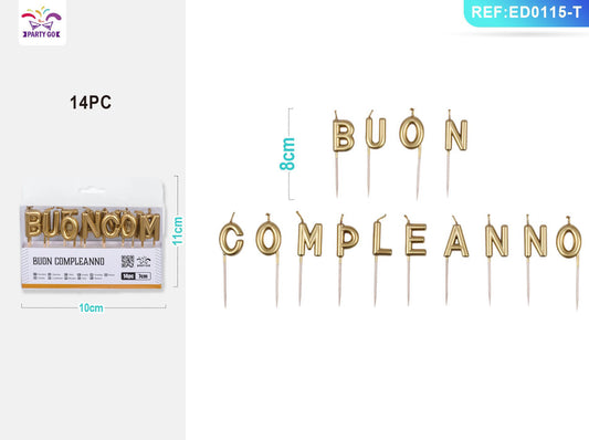 CANDELE buon compleanno oro 8cm 14pz
