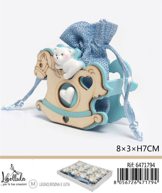 SACCHETTO portaconfetti cavalluccio azzurro 8x7x3cm