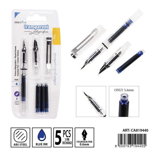 PRYMA penna stilografica  0.6mm+cartucce 3pz trasparente