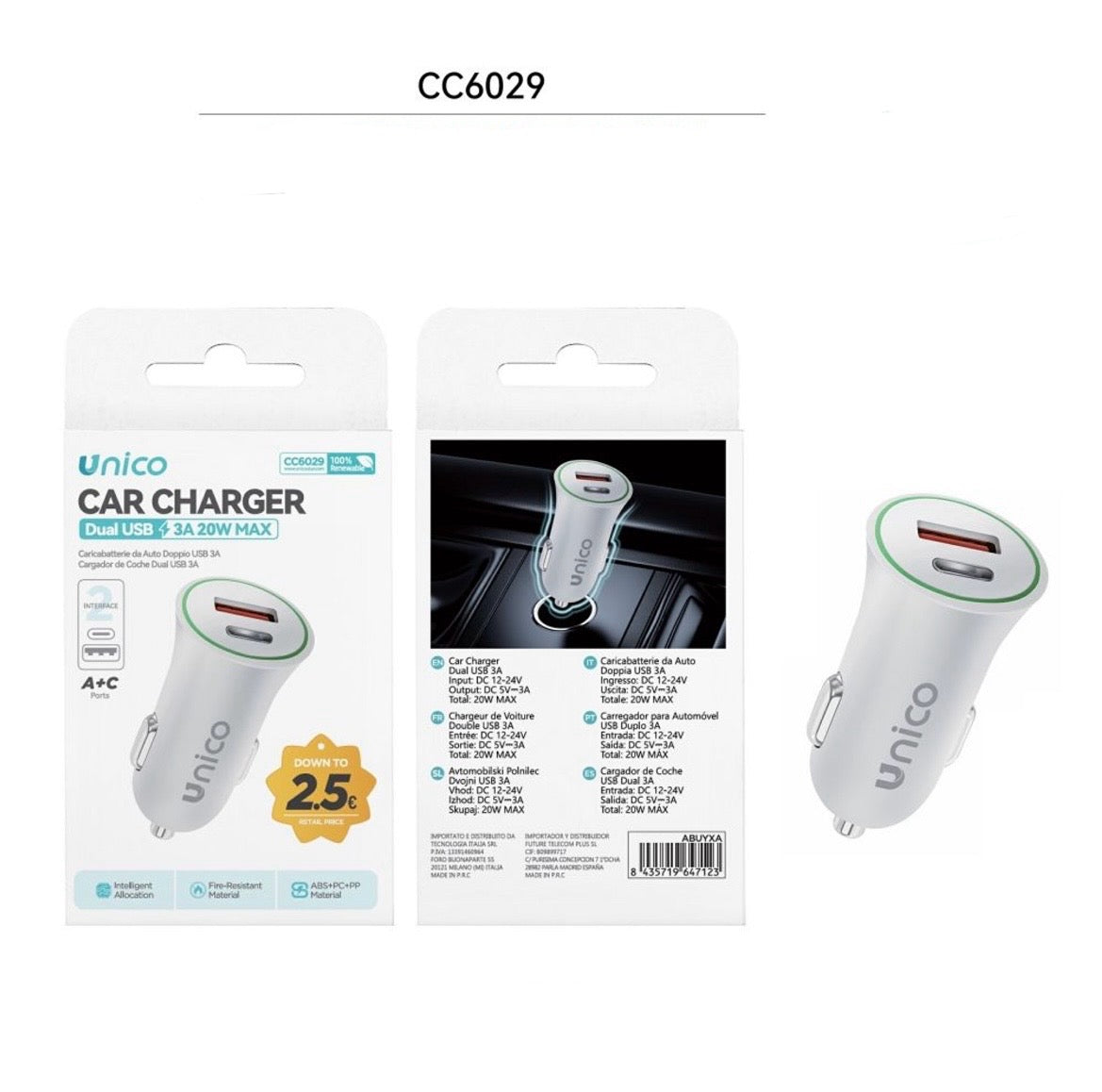 UNICO CARICA PER AUTO 3A 20W  CC6029