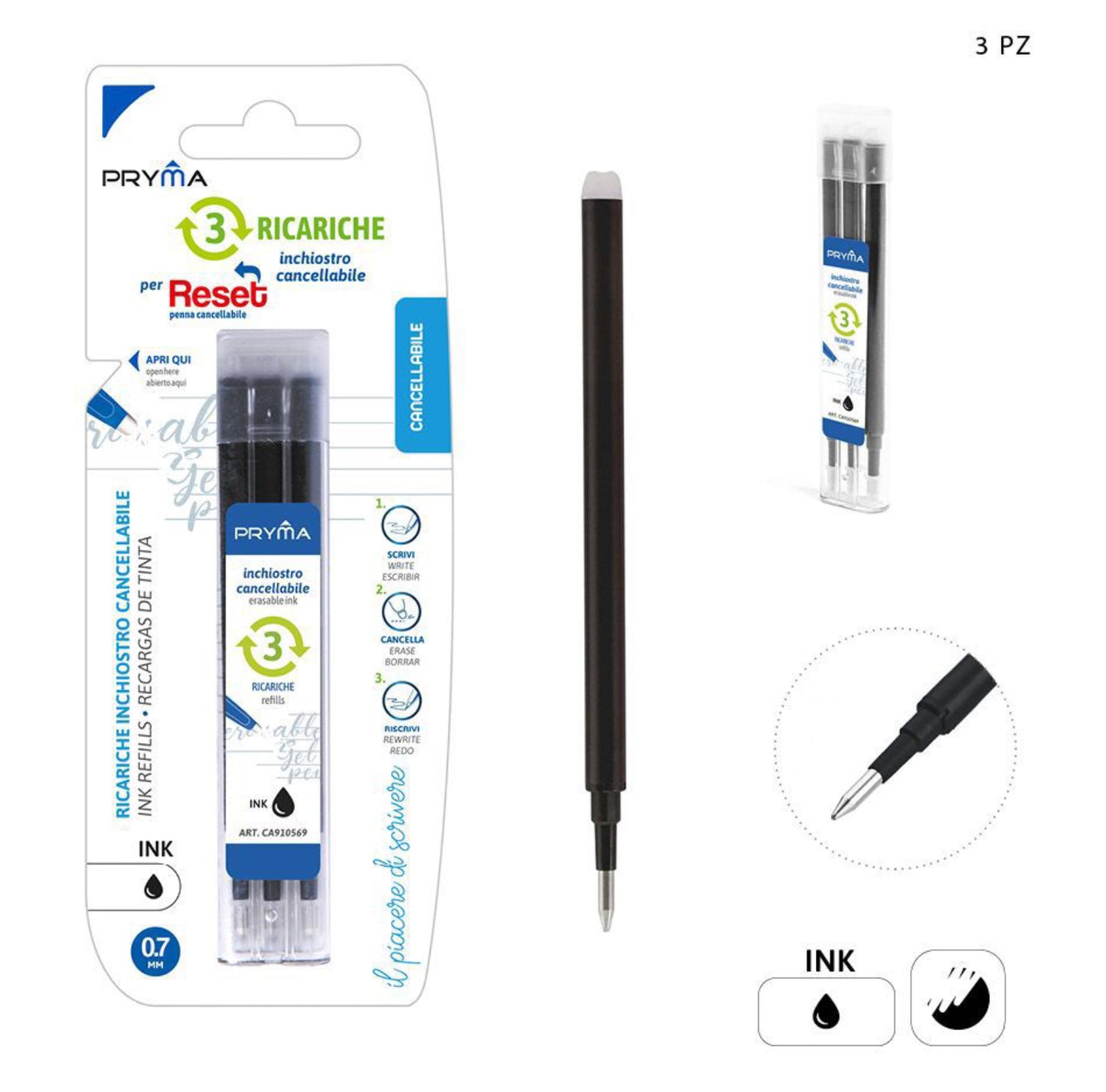 PRYMA Ricarica penna cancellabile 0,7mm  3pz nero