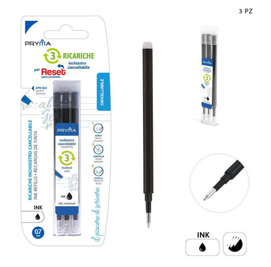 PRYMA Ricarica penna cancellabile 0,7mm  3pz nero