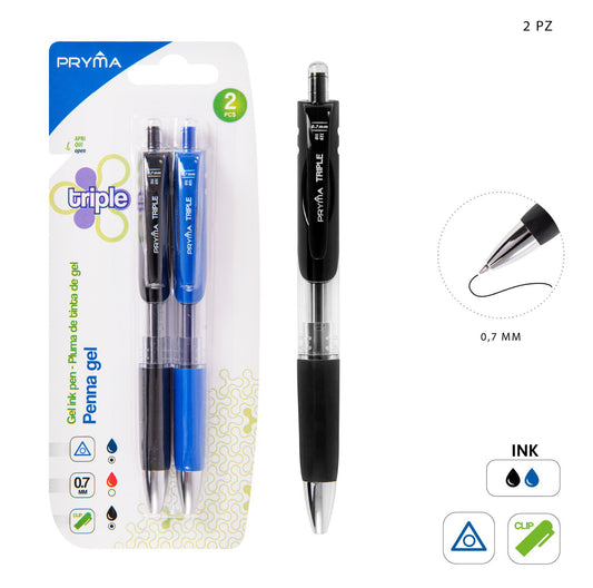 PRYMA penna gel TRIPLE 0,7mm 2pz nero&blu
