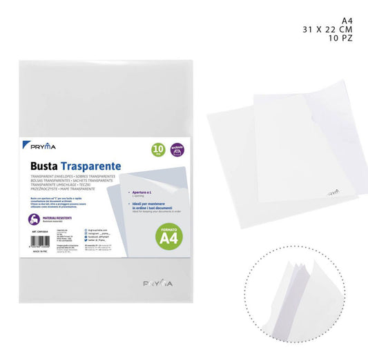 PRYMA busta pp apertura A L A4 31x22cm 10pz  trasparente