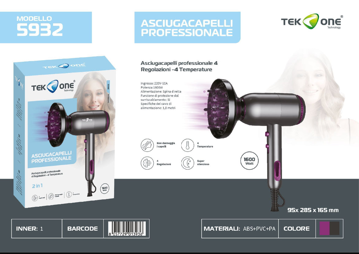 TEK ONE asciugacapelli professionale mod.5932