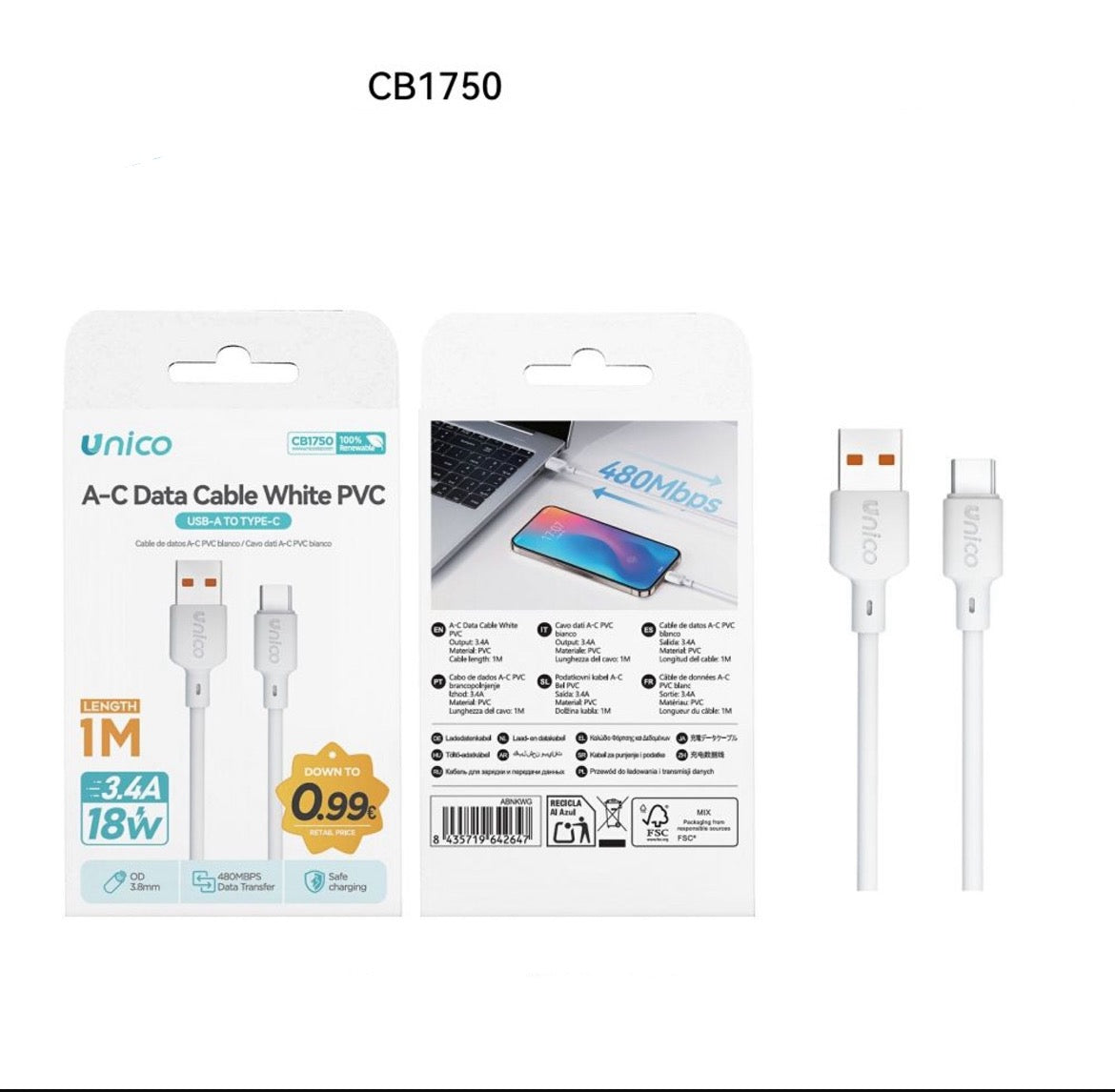 UNICO CAVO CARICA TYPE-C CB1750