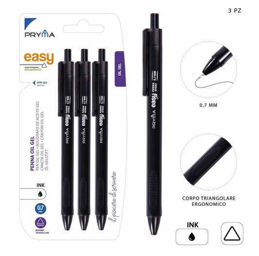 PRYMA EASY penna olio gel 0,7mm nero 3pz